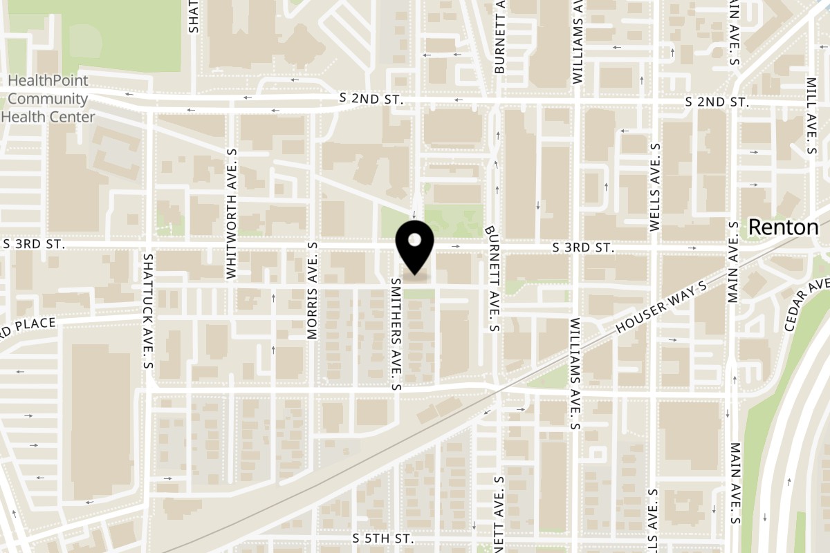 Map showing the location of Rice N Curry on 601 S 3rd St Suite B C in Renton